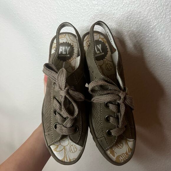 Fly London Yuta Wedge Sandals Taupe Perforated Lace-Up Open Toe 40 / US 9.5-10 - Picture 8 of 8